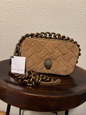 Kurt Geiger Tan Quilted Suede Crossbody with Antique Gold Chain